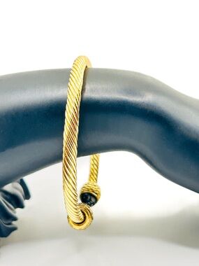 Vintage Gold Tone Twisted Cable Cuff Bangle | Faux Stone Cabochons